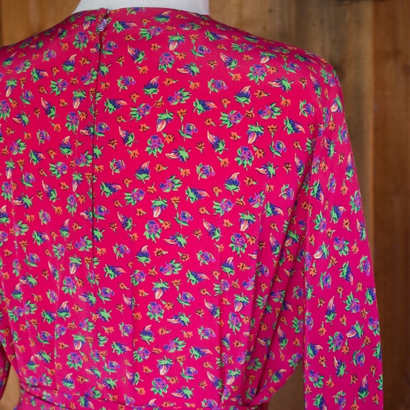 Vintage I. Magnin 100% Silk Fuchsia Long Sleeve Floral Boho Midi Dress Size L - Picture 15 of 17